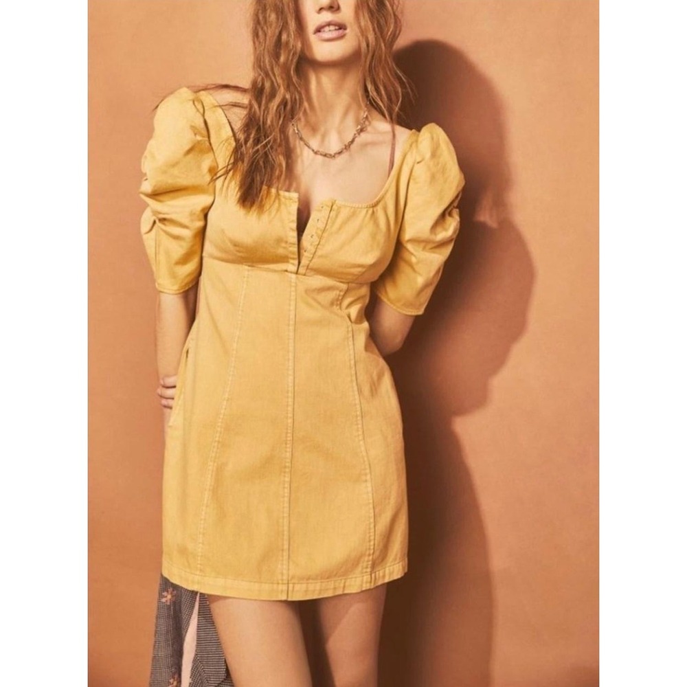 Free People | Cheyenne Denim Mini Dress Sand Dune Yellow Puff Sleeve | Sz L